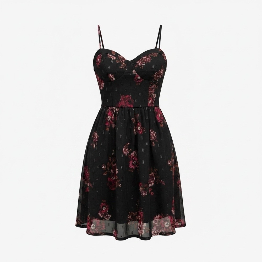 Xhilaration Floral Fit & Flare Dress Juniors 11 Black Pink Glitter Party Mini